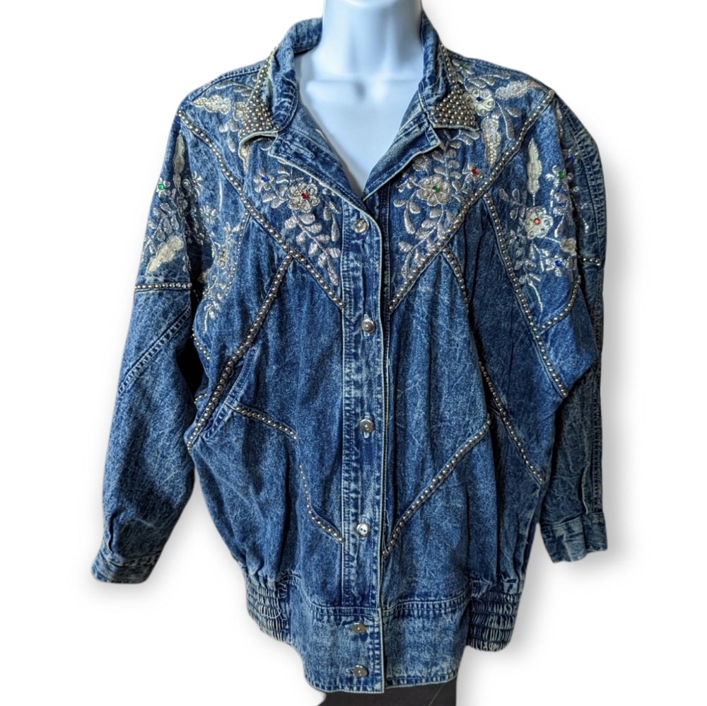 Vintage Retro Jazzino Bedazzled Stone Washed Denim Jacket